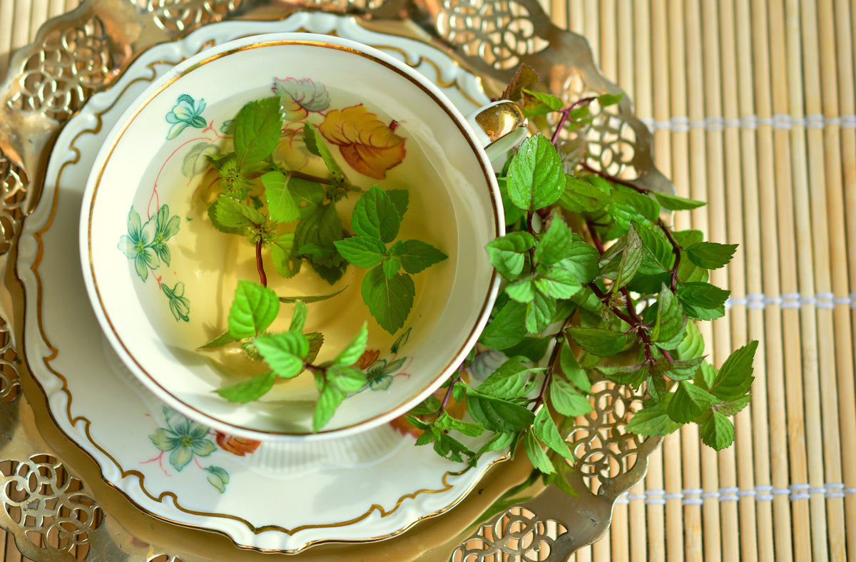 A glass cup of peppermint tea with fresh mint leaves, a warm drink that can soothe a bloated stomach