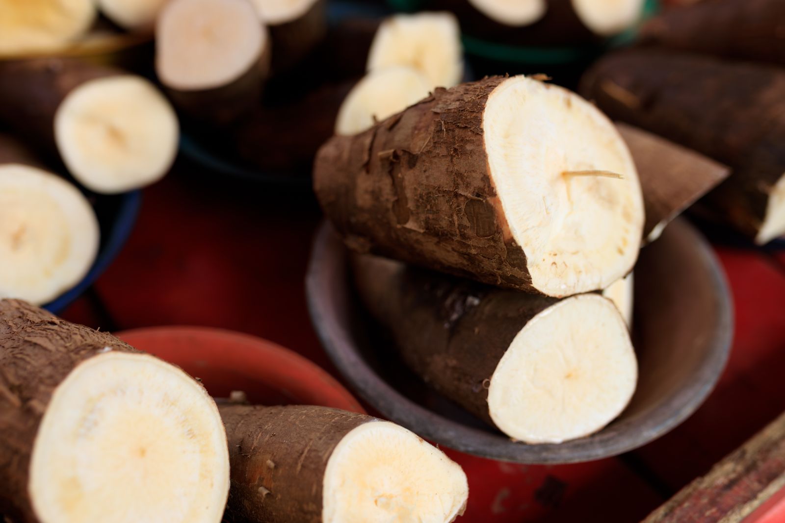 Freshly cut cassava roots in bowls at a market, the root crop that tapioca starch and resistant tapioca starch are made from