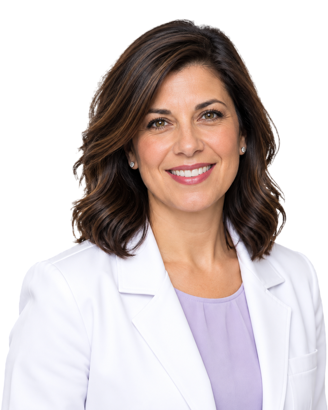 A smiling woman in a white coat