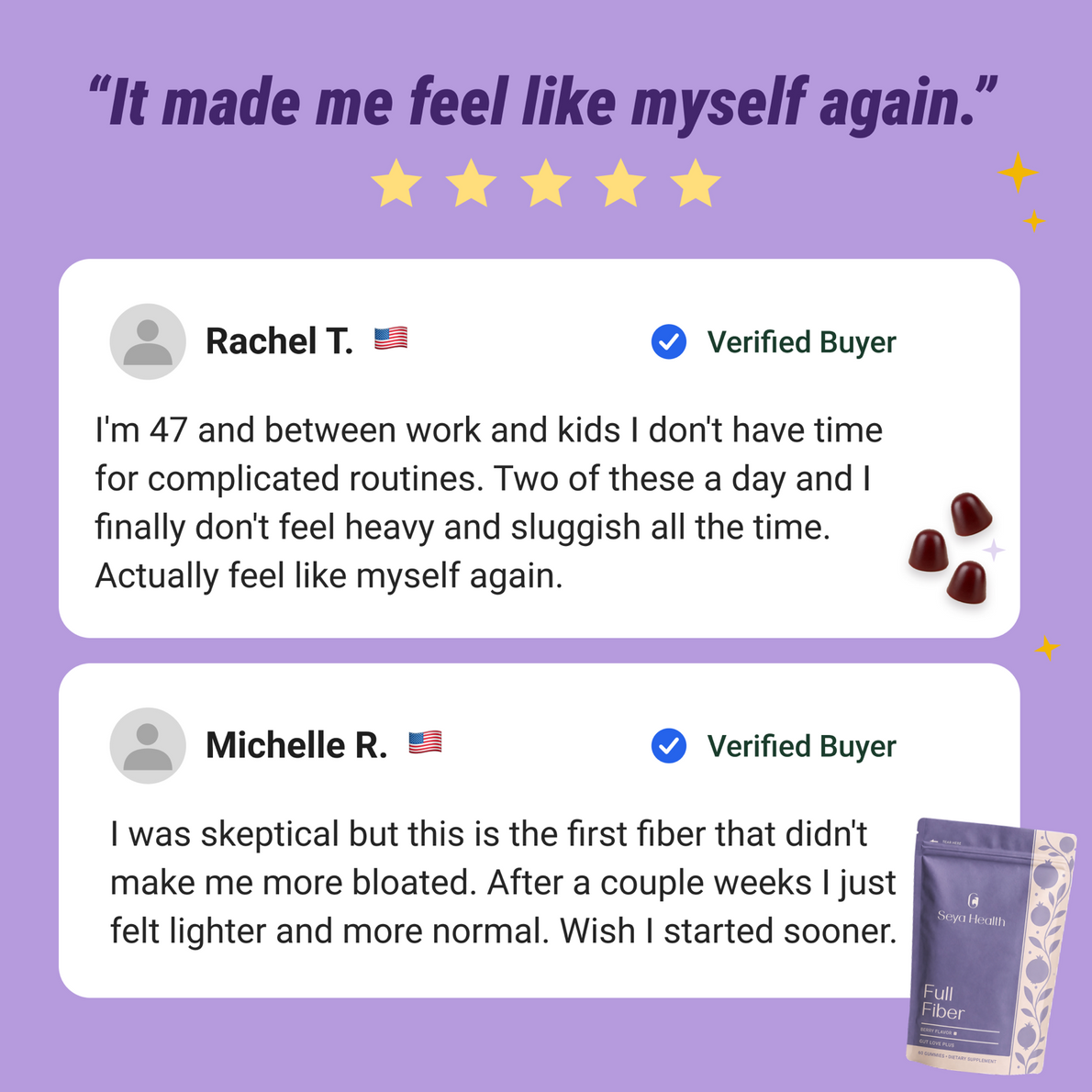 Five-star review cards from women reading 'It made me feel like myself again', with the Seya Full Fiber pouch