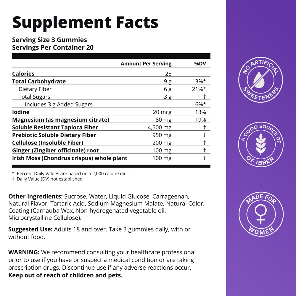 Panel de información del suplemento de Full Fiber (supplement facts)