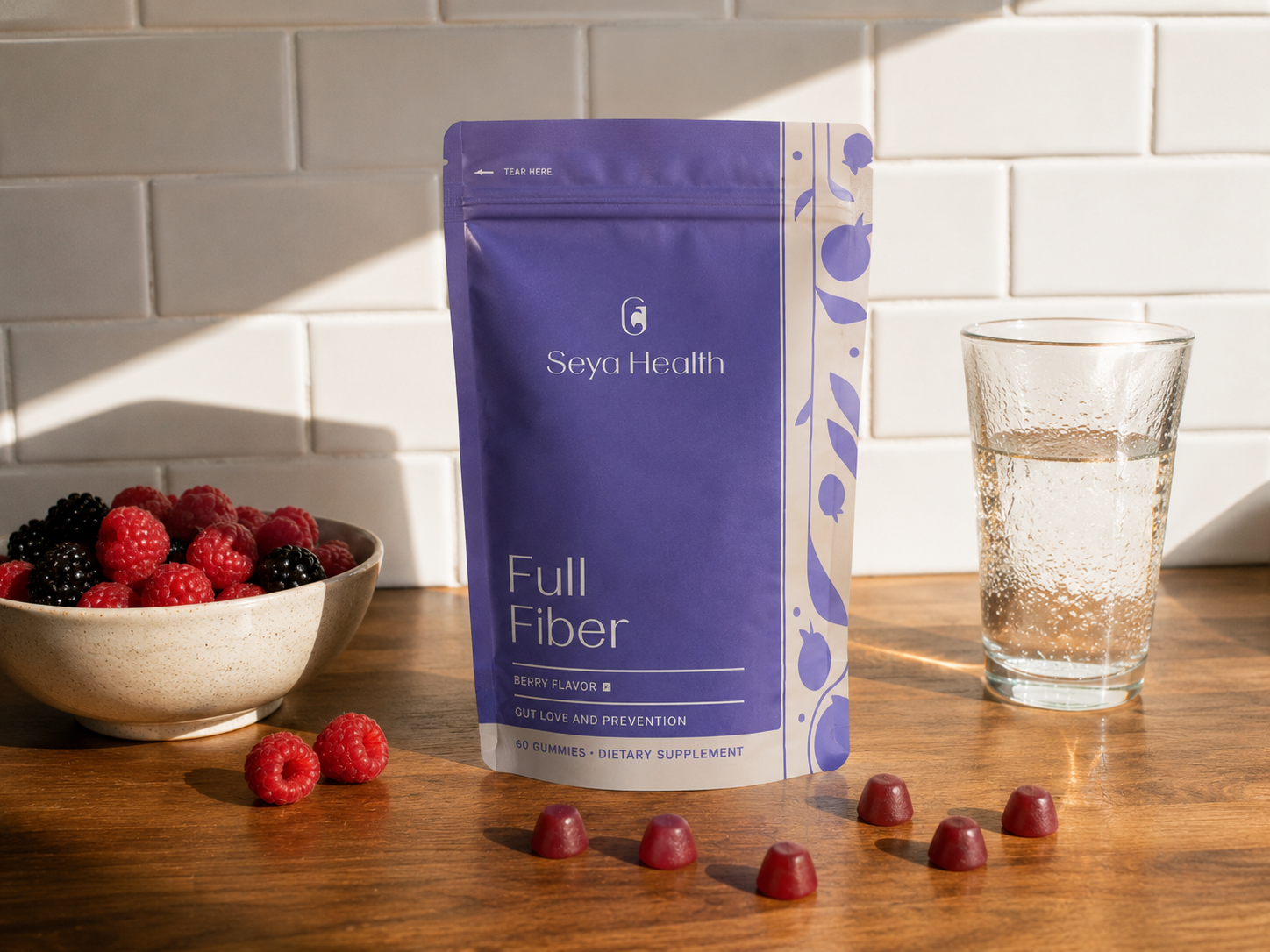 Seya Health Full Fiber pouch with berry gummies and water