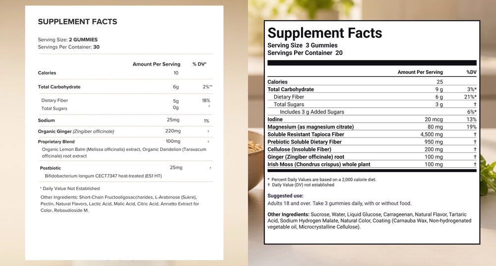 The Arrae Bloat Gummies and Seya Full Fiber supplement facts panels side by side.