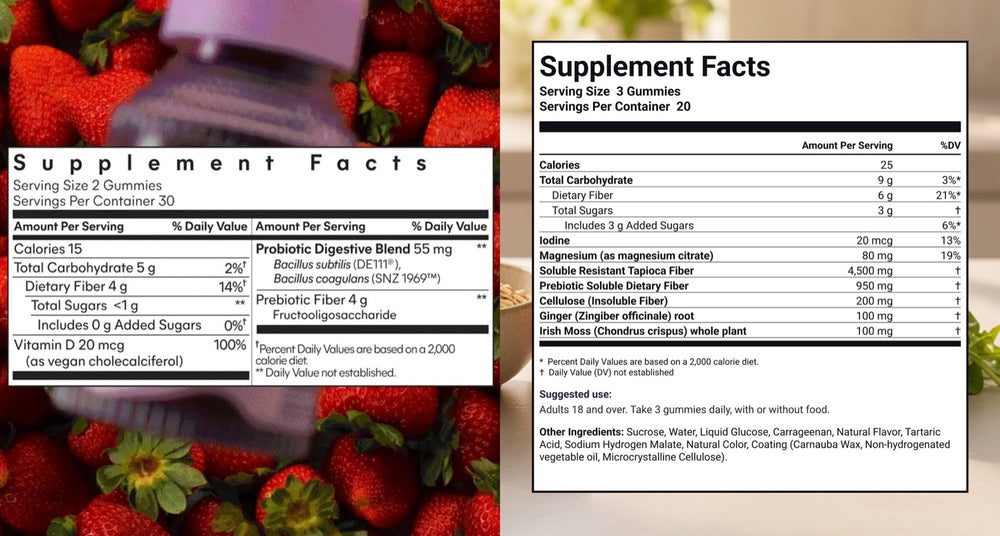 The Lemme Fiber and Seya Full Fiber supplement facts panels side by side.