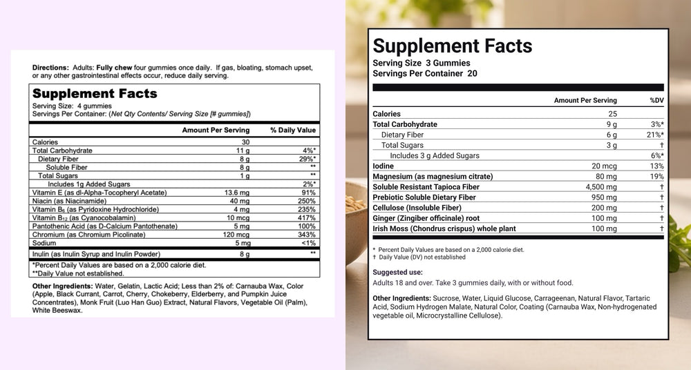 The MiraFIBER Gummies and Seya Full Fiber supplement facts panels side by side.