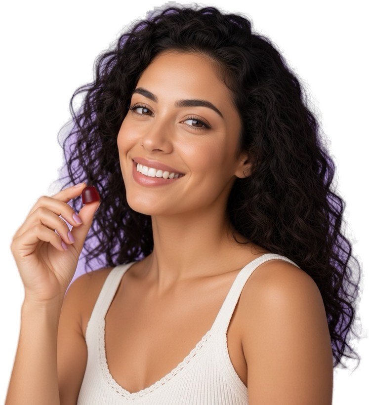 Una mujer sosteniendo una sola gomita de Seya Full Fiber