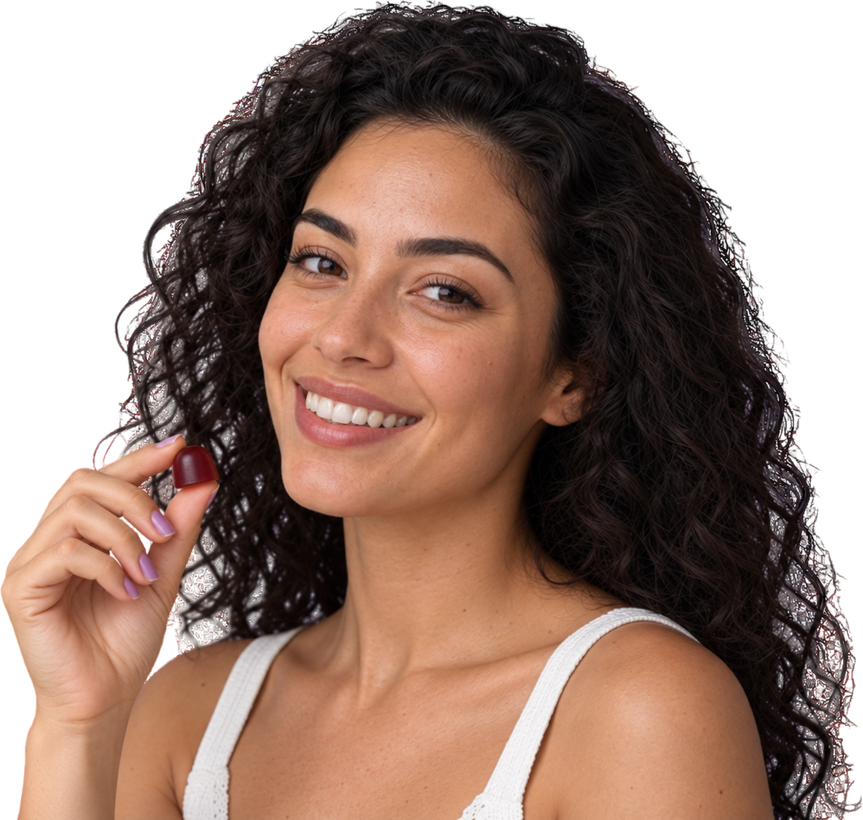 A woman holding a single Seya Full Fiber berry gummy